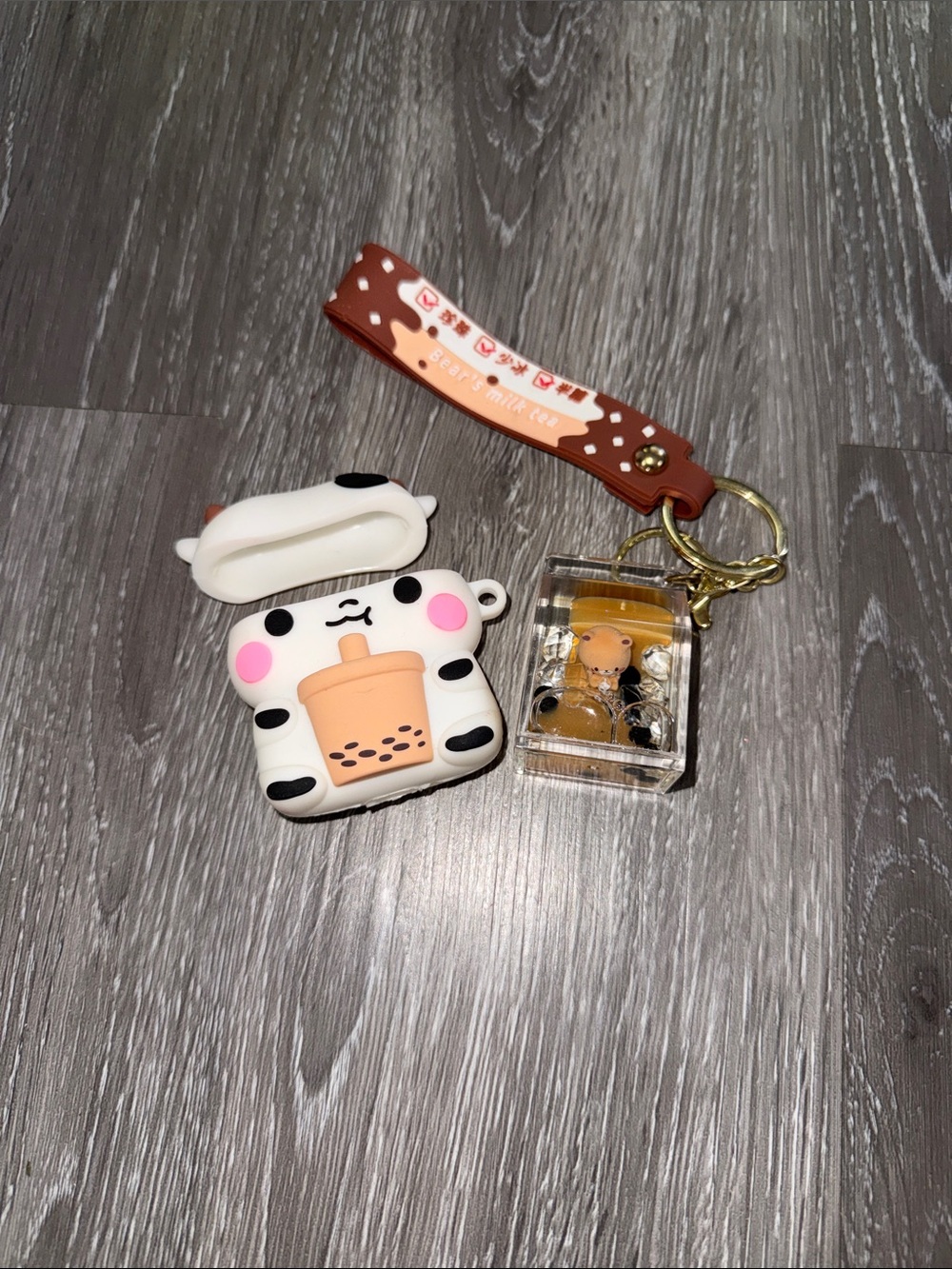 Cute Cow Boba AirPods Case with Brown Strap Keychain